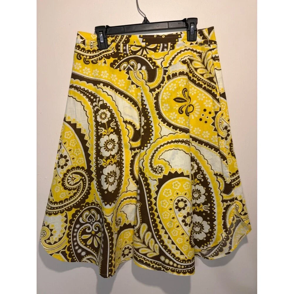 Talbots Petites Paisley A-Line Full Skirt Brown Yellow Side Zipper Pockets SZ 8P